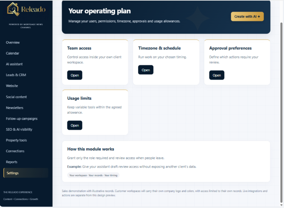 Releado settings screen: team access, timezone and schedule, approval preferences, usage limits