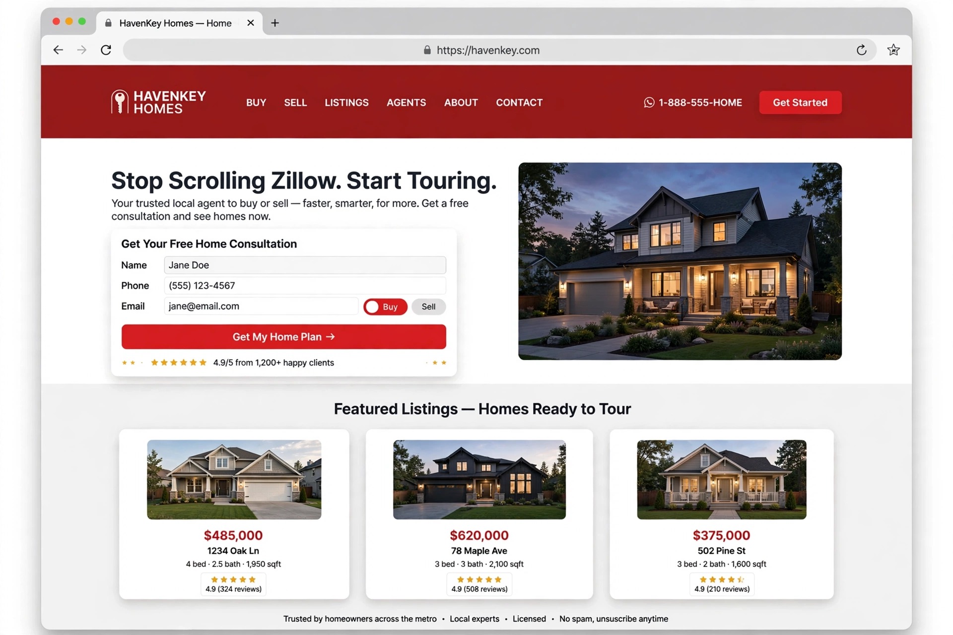 Sample client website in the Bold Red design — HavenKey Homes