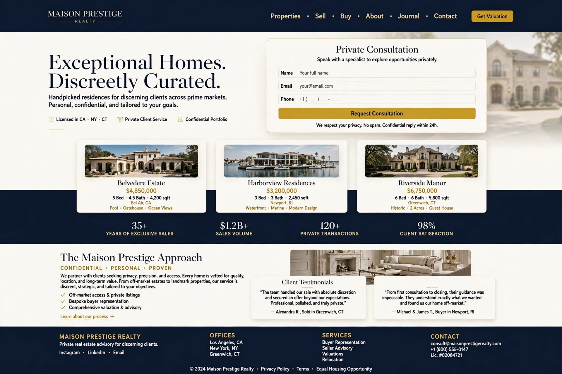 Sample client website in the Prestige Navy and Gold design — Maison Prestige Realty